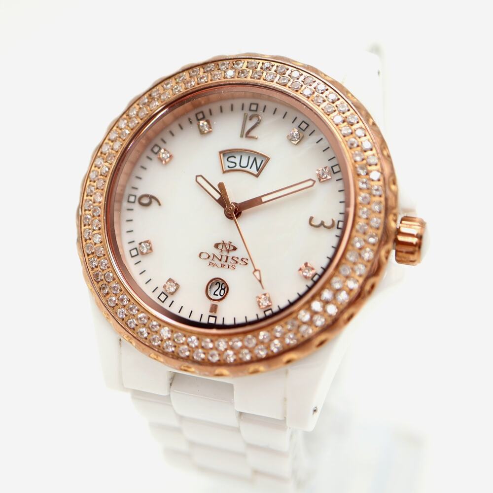 Oniss Paris White Ceramic MOP Day Date Watch 38mm Sapphire Crystal w New Battery